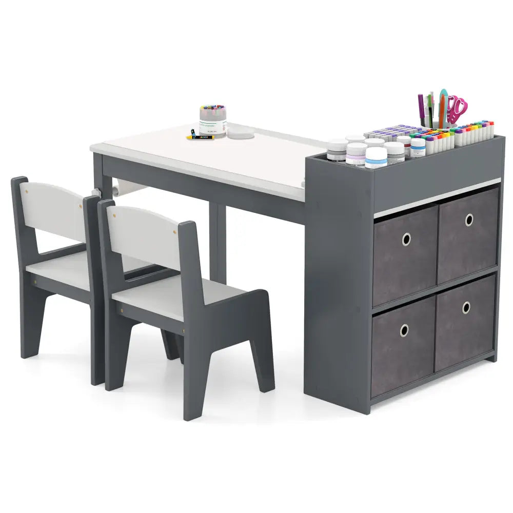 Kids Art Table and Chairs Set with 2 Chairs and Paper Roll-Gray - Gray - Kids Table & Chair Sets
