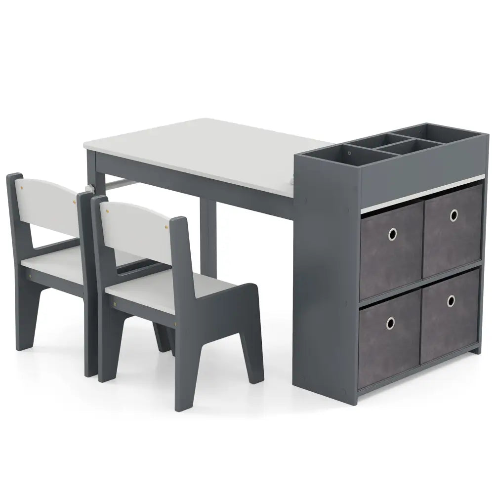 Kids Art Table and Chairs Set with 2 Chairs and Paper Roll-Gray - Gray - Kids Table & Chair Sets