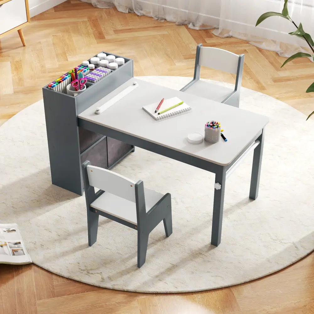 Kids Art Table and Chairs Set with 2 Chairs and Paper Roll-Gray - Gray - Kids Table & Chair Sets