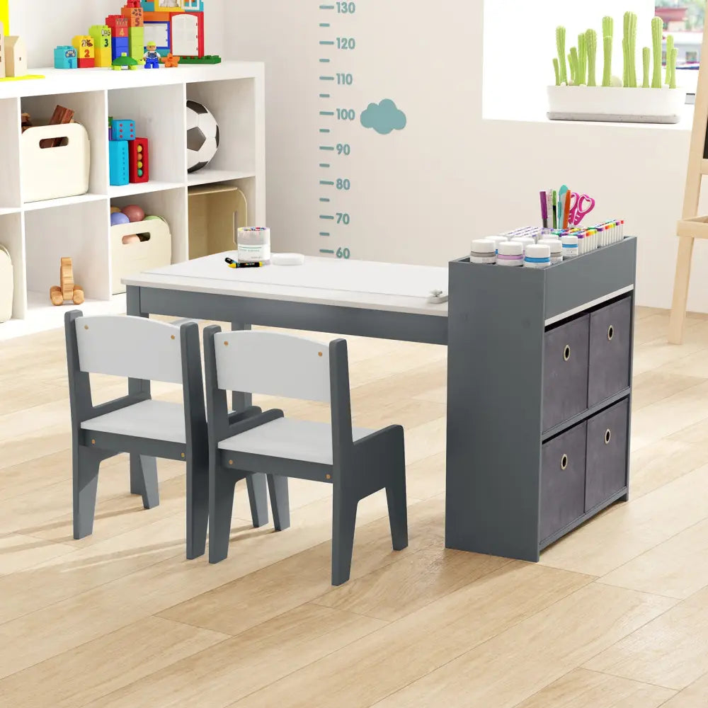 Kids Art Table and Chairs Set with 2 Chairs and Paper Roll-Gray - Gray - Kids Table & Chair Sets