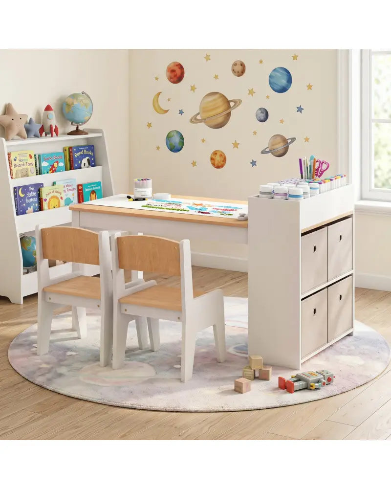 Kids Art Table and Chairs Set with 2 Chairs and Paper Roll-Natural - Natural - Kids Table & Chair Sets