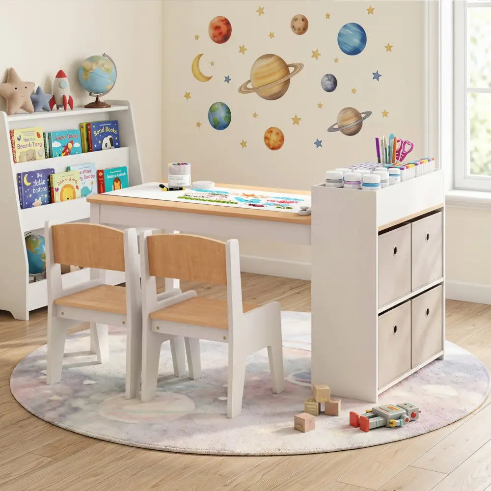 Kids Art Table and Chairs Set with 2 Chairs and Paper Roll-Natural - Natural - Kids Table & Chair Sets