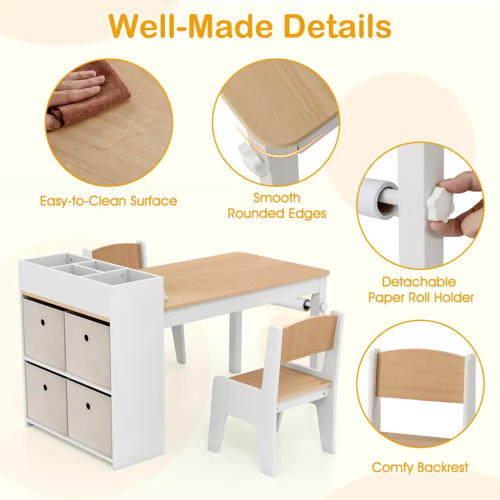 Kids Art Table and Chairs Set with 2 Chairs and Paper Roll-Natural - Natural - Kids Table & Chair Sets
