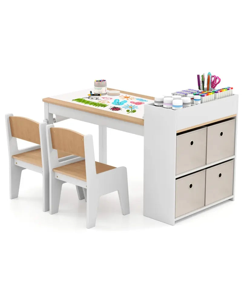 Kids Art Table and Chairs Set with 2 Chairs and Paper Roll-Natural - Natural - Kids Table & Chair Sets