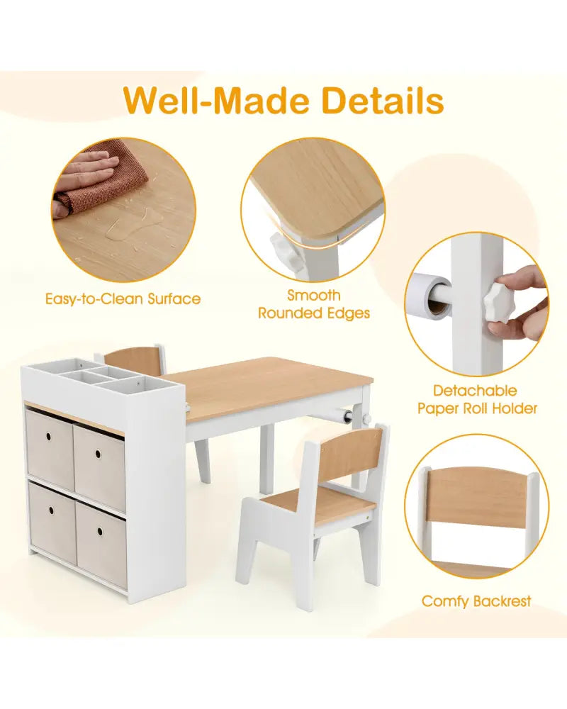 Kids Art Table and Chairs Set with 2 Chairs and Paper Roll-Natural - Natural - Kids Table & Chair Sets