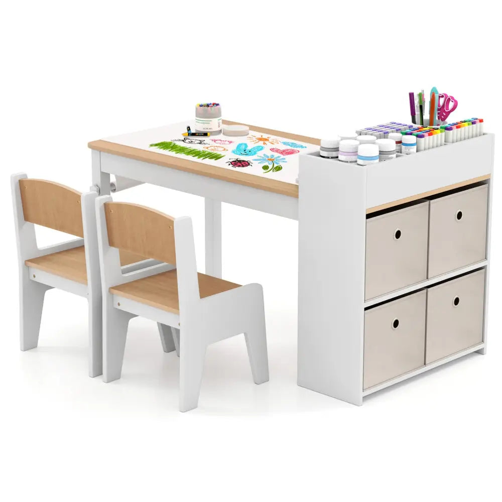 Kids Art Table and Chairs Set with 2 Chairs and Paper Roll-Natural - Natural - Kids Table & Chair Sets