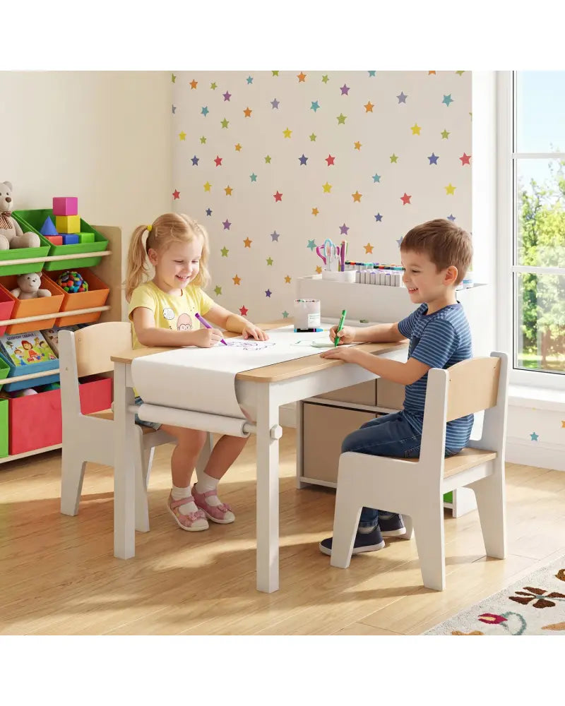 Kids Art Table and Chairs Set with 2 Chairs and Paper Roll-Natural - Natural - Kids Table & Chair Sets
