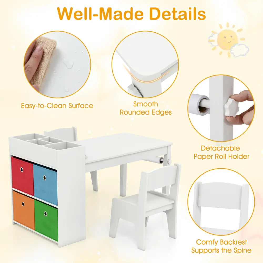 Kids Art Table and Chairs Set with 2 Chairs and Paper Roll-White - White - Kids Table & Chair Sets
