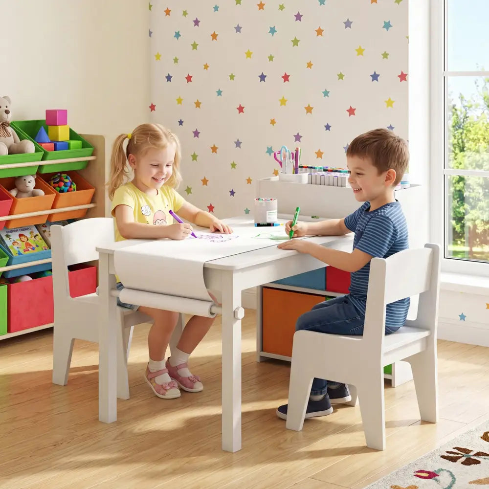 Kids Art Table and Chairs Set with 2 Chairs and Paper Roll-White - White - Kids Table & Chair Sets