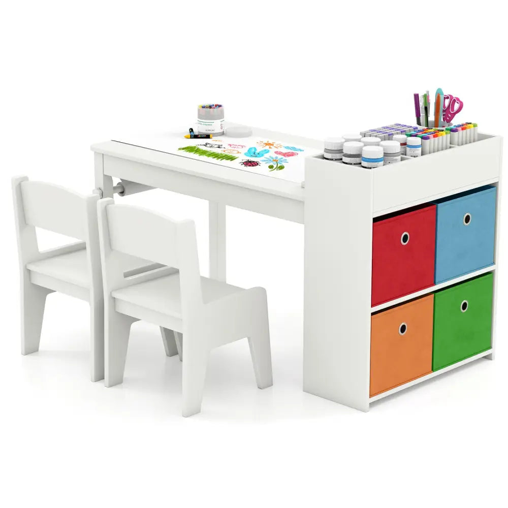 Kids Art Table and Chairs Set with 2 Chairs and Paper Roll-White - White - Kids Table & Chair Sets