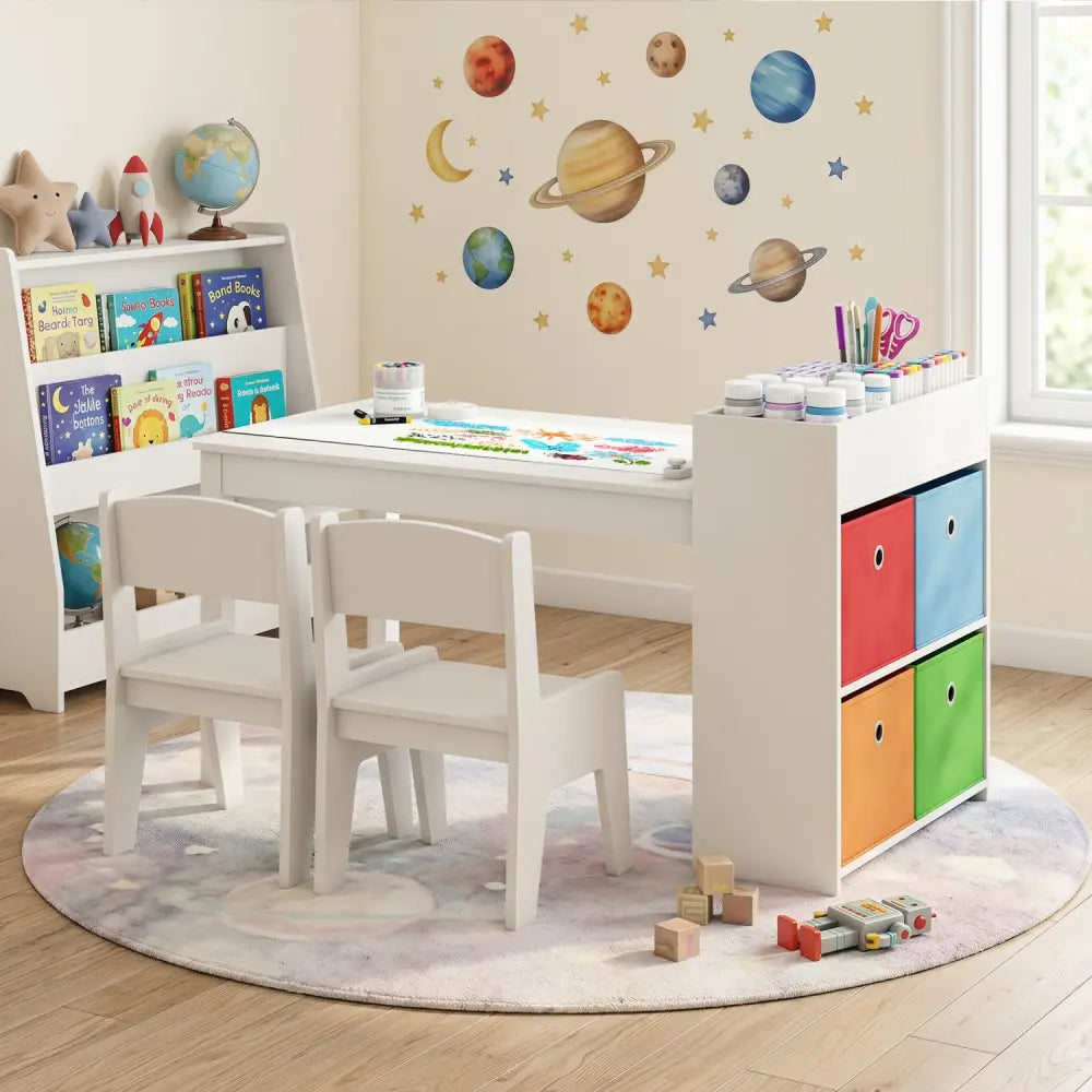 Kids Art Table and Chairs Set with 2 Chairs and Paper Roll-White - White - Kids Table & Chair Sets