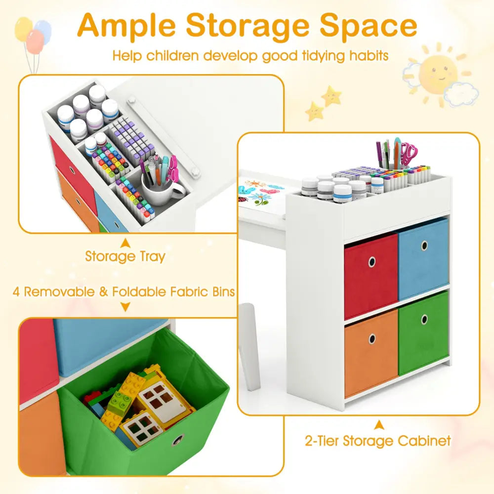 Kids Art Table and Chairs Set with 2 Chairs and Paper Roll-White - White - Kids Table & Chair Sets