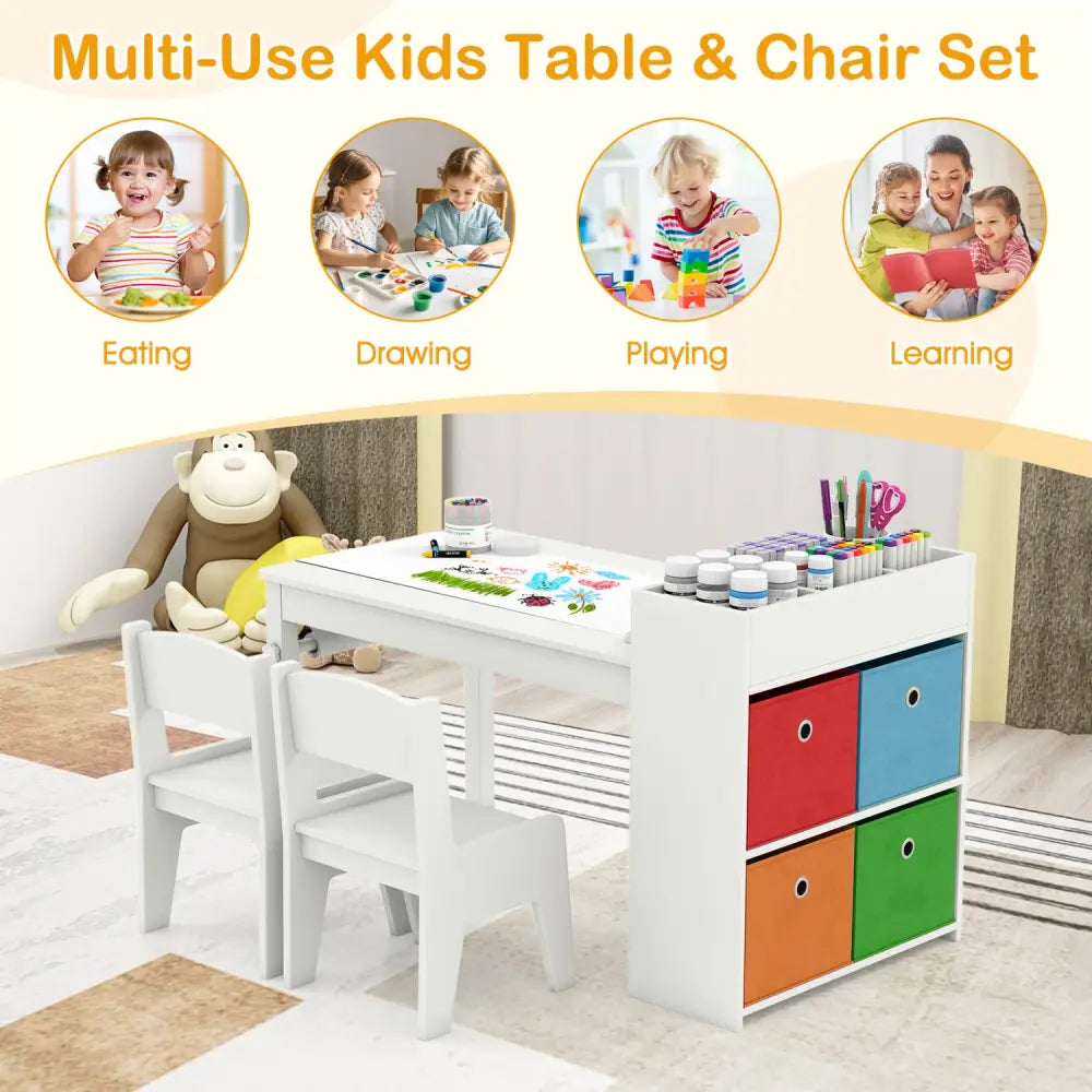 Kids Art Table and Chairs Set with 2 Chairs and Paper Roll-White - White - Kids Table & Chair Sets