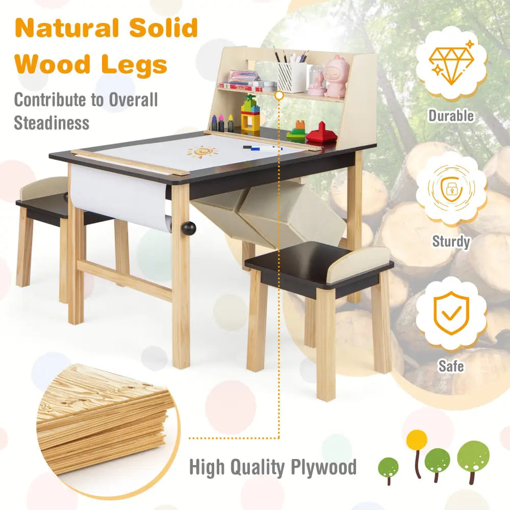 Kids Art Table and Chairs Set with Paper Roll and Storage Bins-Coffee - Coffee - Kids Table & Chair Sets