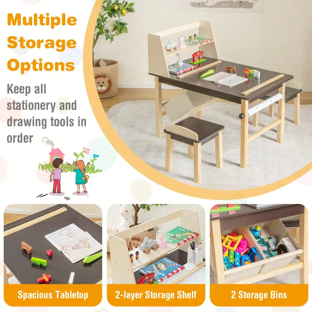 Kids Art Table and Chairs Set with Paper Roll and Storage Bins-Coffee - Coffee - Kids Table & Chair Sets