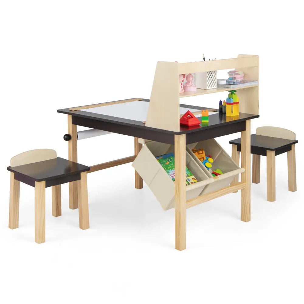 Kids Art Table and Chairs Set with Paper Roll and Storage Bins-Coffee - Coffee - Kids Table & Chair Sets