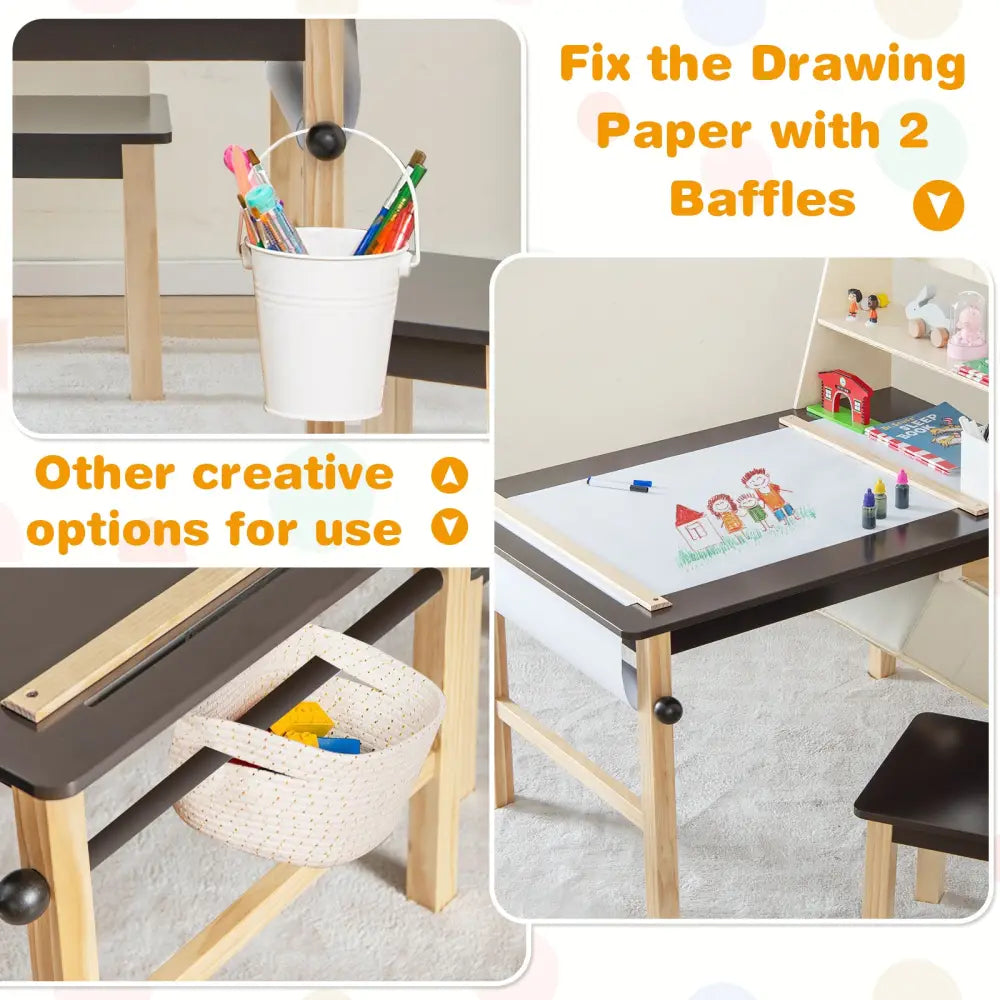 Kids Art Table and Chairs Set with Paper Roll and Storage Bins-Coffee - Coffee - Kids Table & Chair Sets