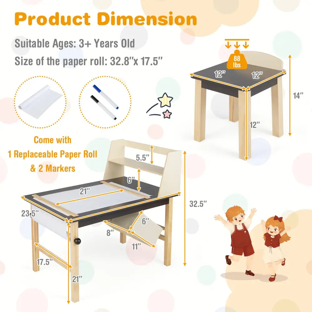Kids Art Table and Chairs Set with Paper Roll and Storage Bins-Coffee - Coffee - Kids Table & Chair Sets