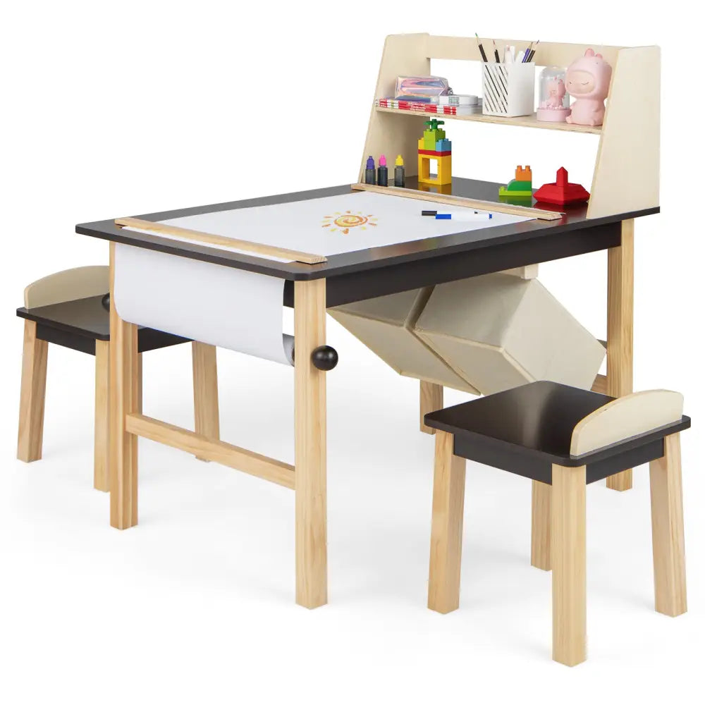 Kids Art Table and Chairs Set with Paper Roll and Storage Bins-Coffee - Coffee - Kids Table & Chair Sets