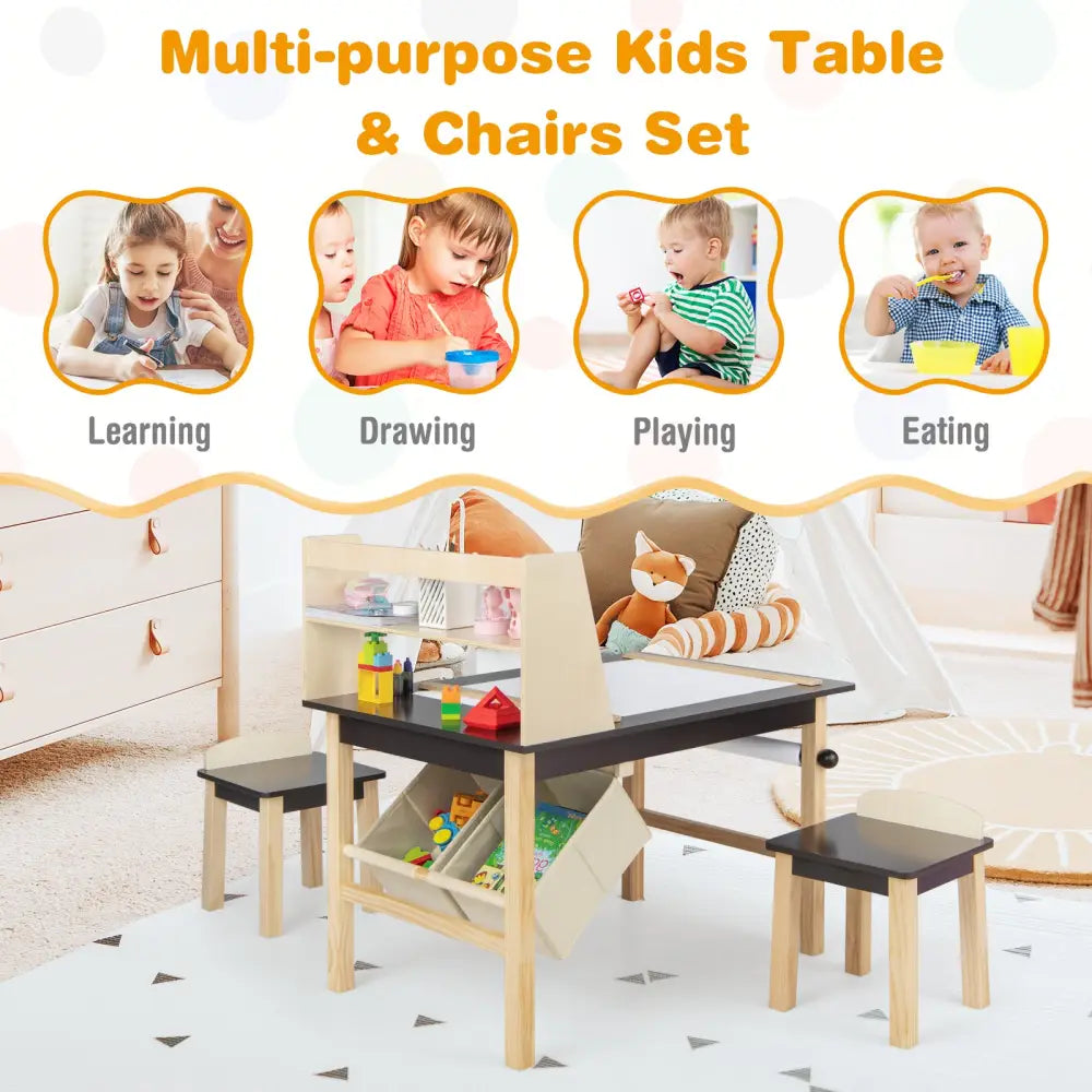 Kids Art Table and Chairs Set with Paper Roll and Storage Bins-Coffee - Coffee - Kids Table & Chair Sets