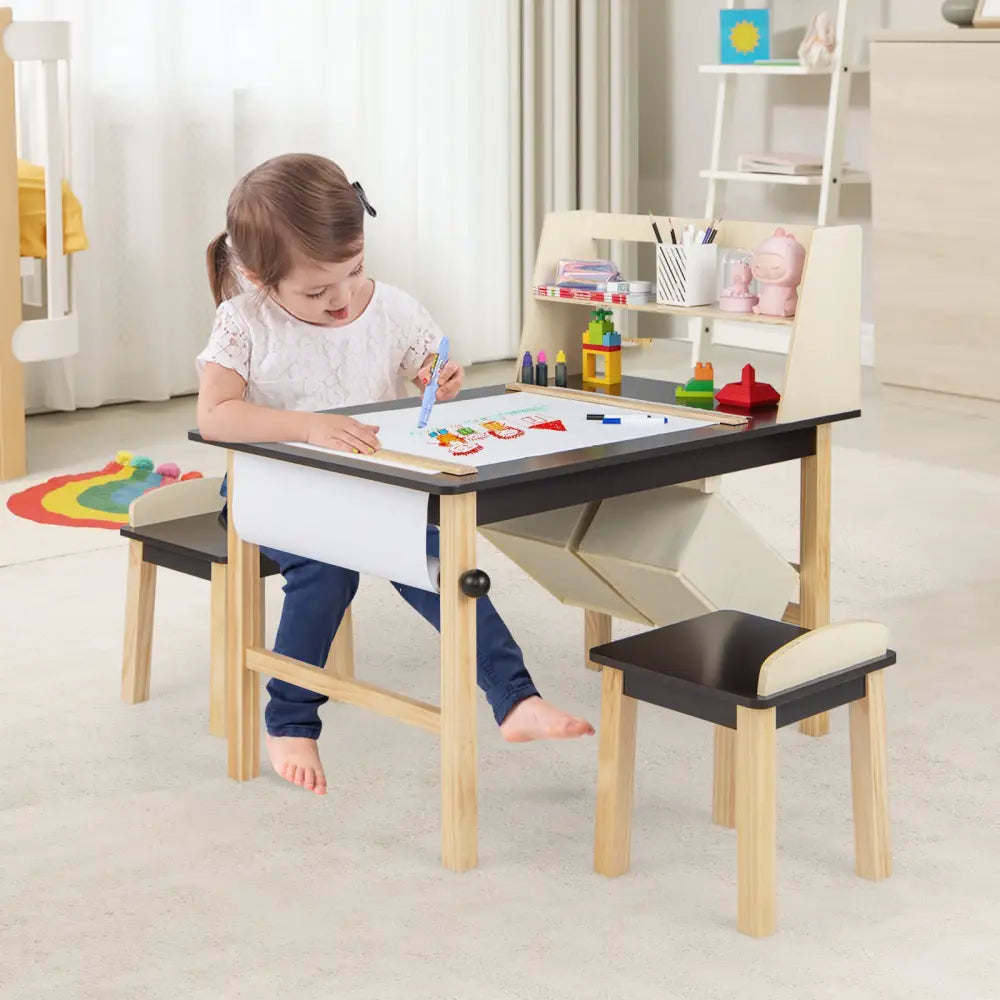 Kids Art Table and Chairs Set with Paper Roll and Storage Bins-Coffee - Coffee - Kids Table & Chair Sets