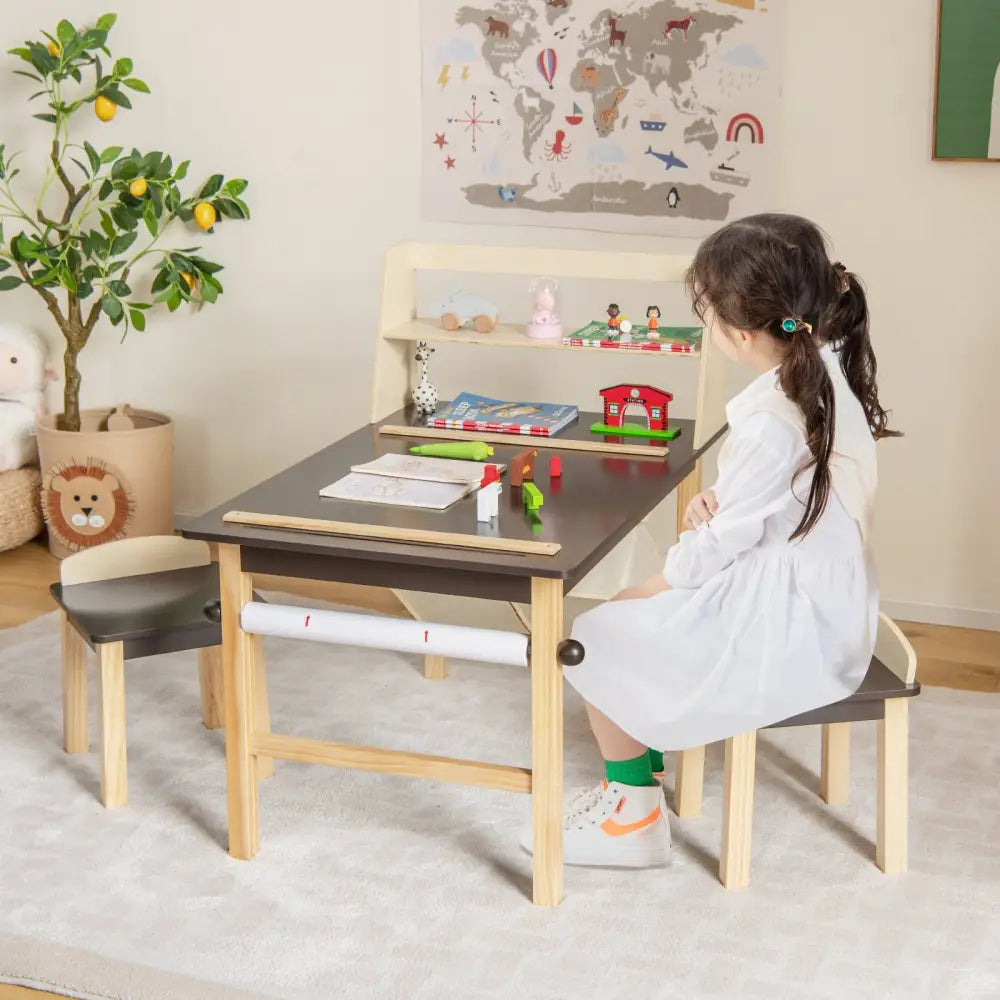 Kids Art Table and Chairs Set with Paper Roll and Storage Bins-Coffee - Coffee - Kids Table & Chair Sets