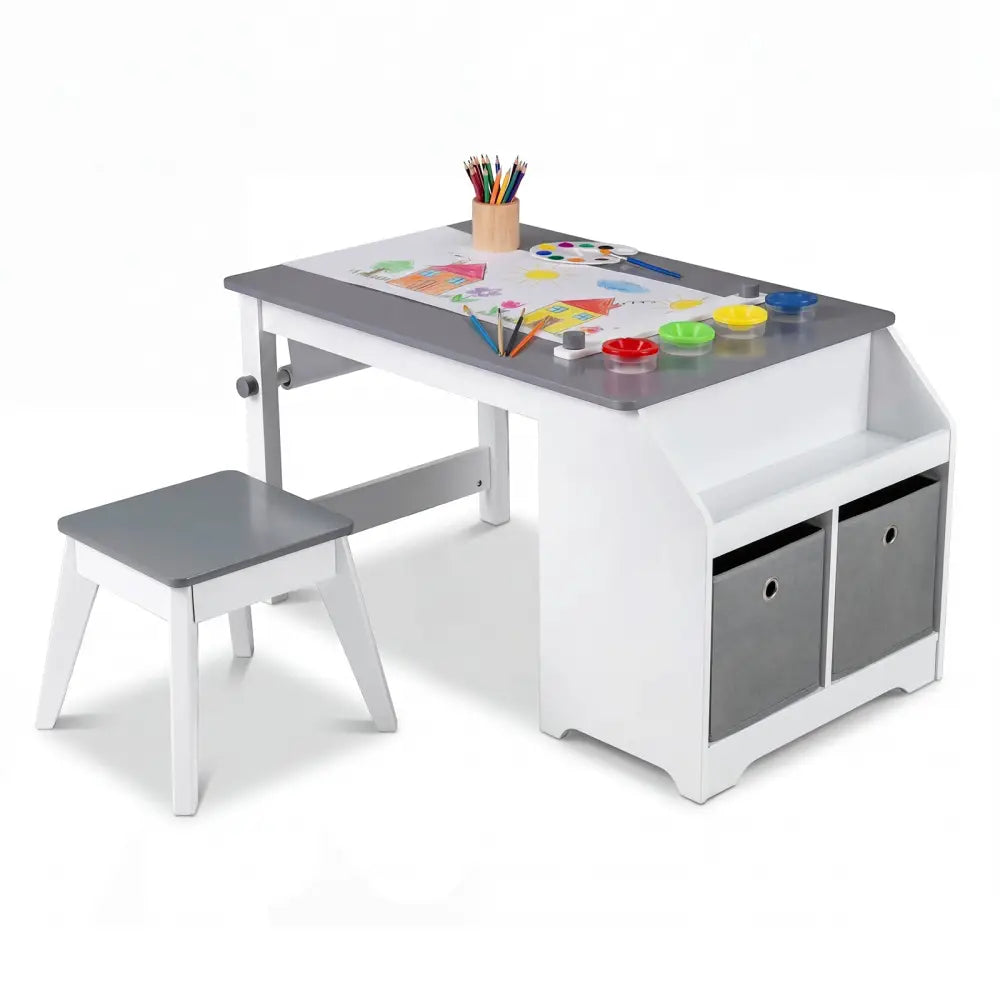 Kids Art Table and Stool Set Toddler Activity Desk with Paper Roll and 4 Paint Cups for Drawing Learning-Gray - Gray