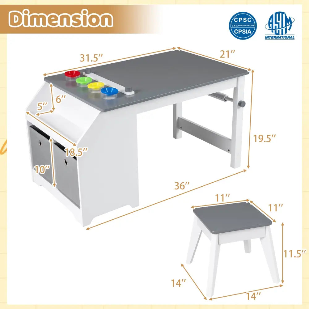 Kids Art Table and Stool Set Toddler Activity Desk with Paper Roll and 4 Paint Cups for Drawing Learning-Gray - Gray