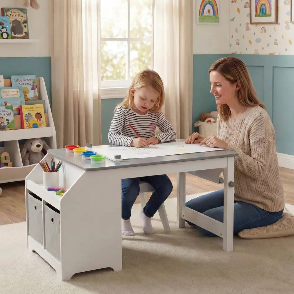Kids Art Table and Stool Set Toddler Activity Desk with Paper Roll and 4 Paint Cups for Drawing Learning-Gray - Gray