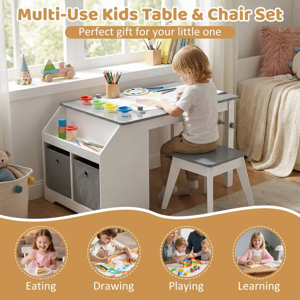 Kids Art Table and Stool Set Toddler Activity Desk with Paper Roll and 4 Paint Cups for Drawing Learning-Gray - Gray