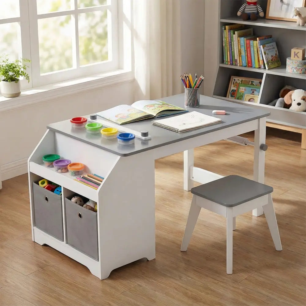 Kids Art Table and Stool Set Toddler Activity Desk with Paper Roll and 4 Paint Cups for Drawing Learning-Gray - Gray
