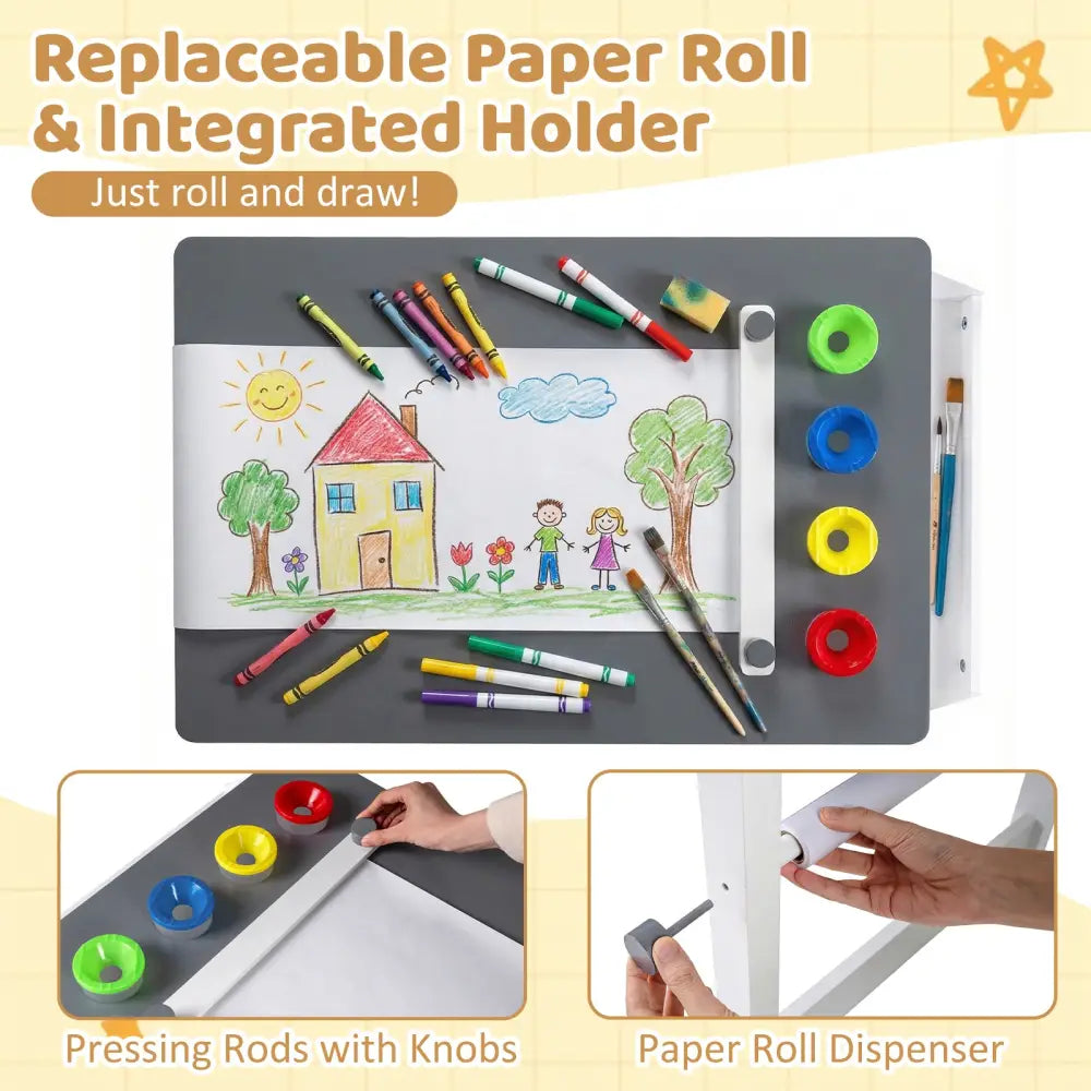Kids Art Table and Stool Set Toddler Activity Desk with Paper Roll and 4 Paint Cups for Drawing Learning-Gray - Gray