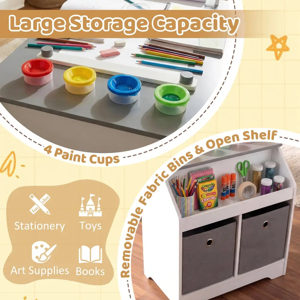 Kids Art Table and Stool Set Toddler Activity Desk with Paper Roll and 4 Paint Cups for Drawing Learning-Gray - Gray