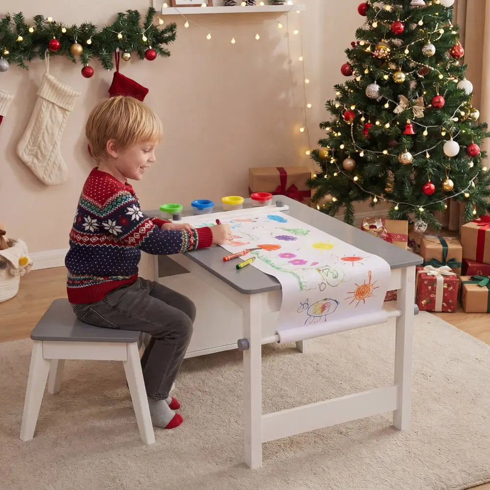 Kids Art Table and Stool Set Toddler Activity Desk with Paper Roll and 4 Paint Cups for Drawing Learning-Gray - Gray
