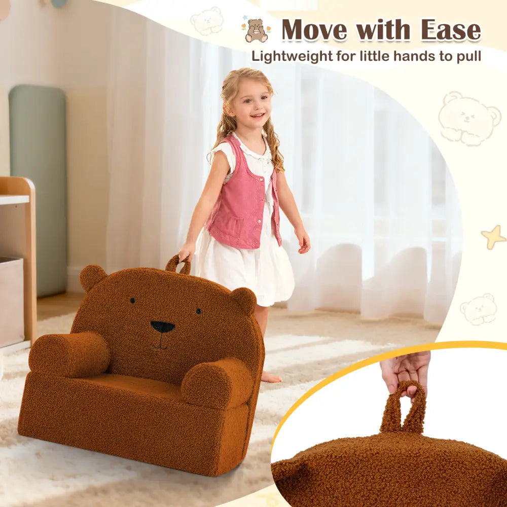 Kids Bear Sofa Toddler Foam Couch with Soft Fleece Fabric Cover-Brown - Brown - Kids Chairs & Seating