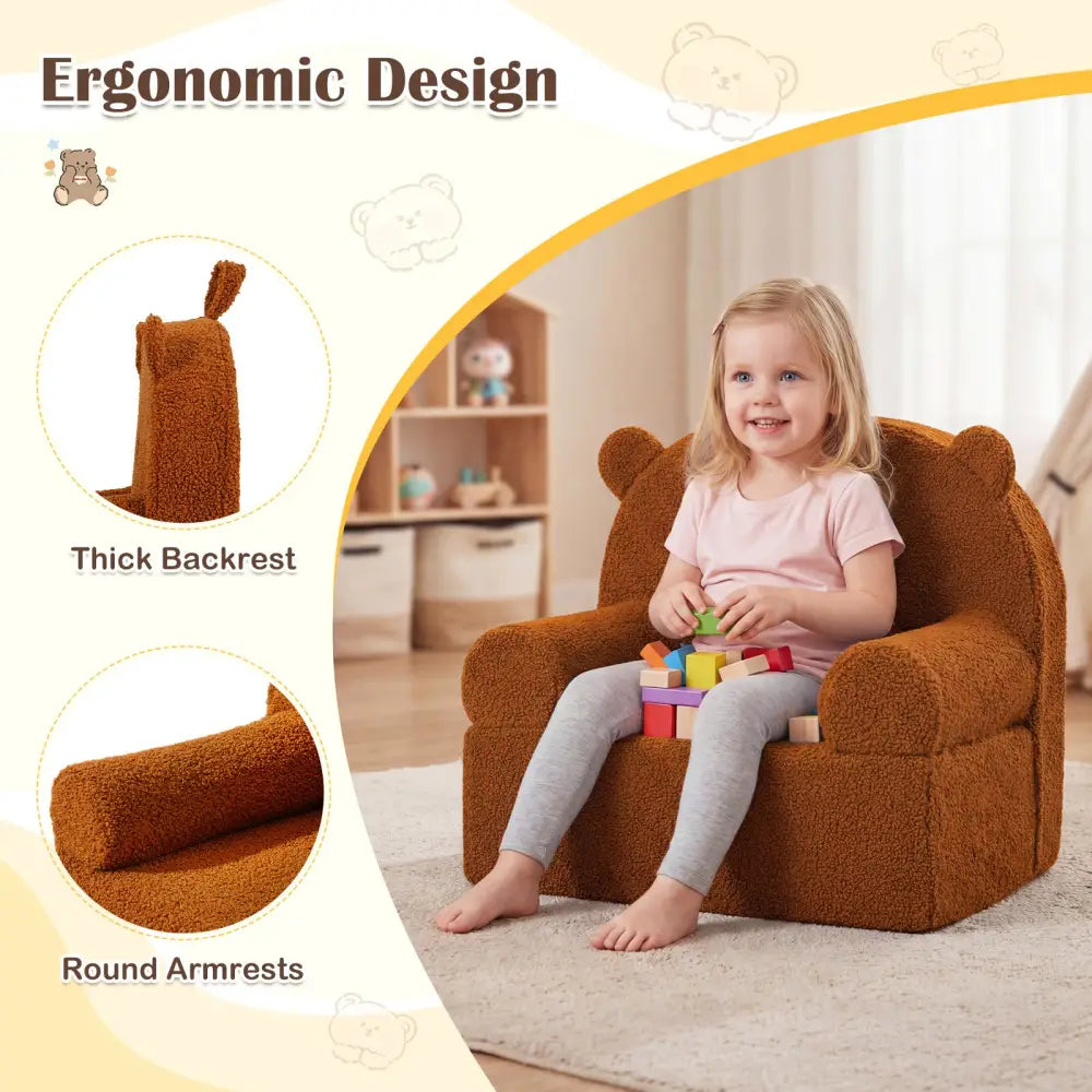 Kids Bear Sofa Toddler Foam Couch with Soft Fleece Fabric Cover-Brown - Brown - Kids Chairs & Seating