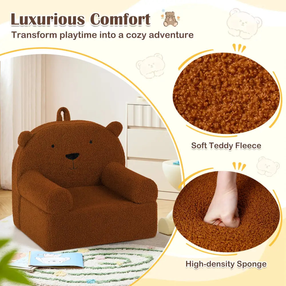Kids Bear Sofa Toddler Foam Couch with Soft Fleece Fabric Cover-Brown - Brown - Kids Chairs & Seating