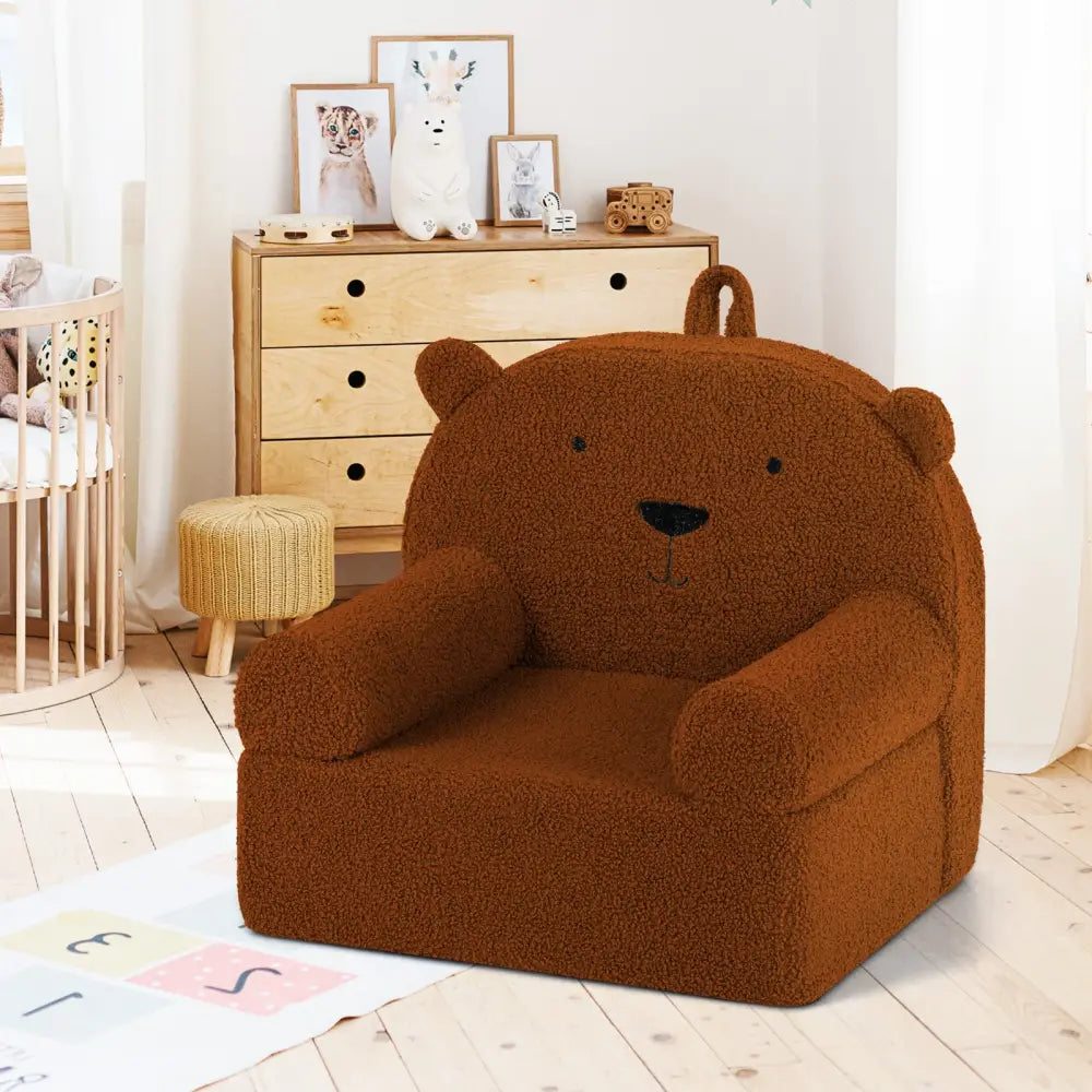 Kids Bear Sofa Toddler Foam Couch with Soft Fleece Fabric Cover-Brown - Brown - Kids Chairs & Seating