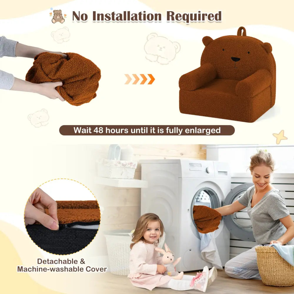 Kids Bear Sofa Toddler Foam Couch with Soft Fleece Fabric Cover-Brown - Brown - Kids Chairs & Seating