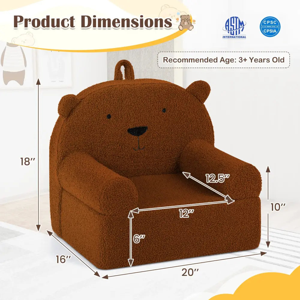 Kids Bear Sofa Toddler Foam Couch with Soft Fleece Fabric Cover-Brown - Brown - Kids Chairs & Seating