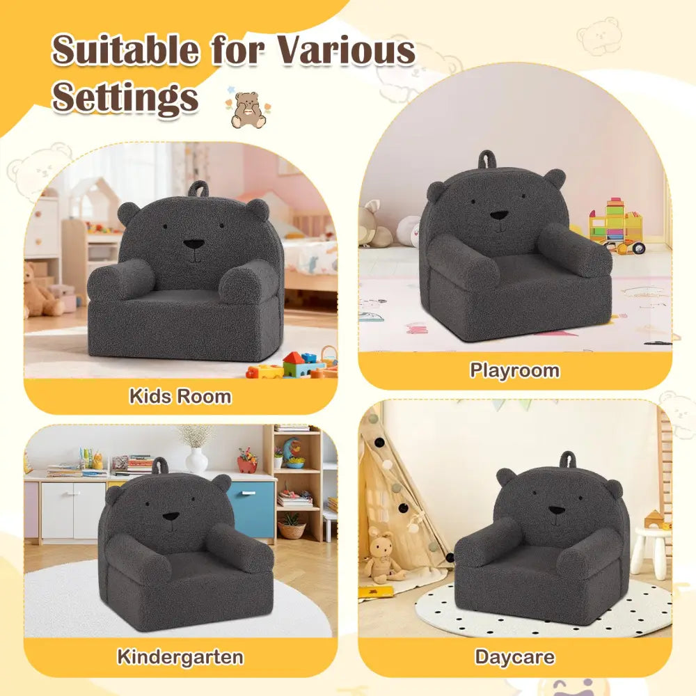 Kids Bear Sofa Toddler Foam Couch with Soft Fleece Fabric Cover-Gray - Gray - Kids Chairs & Seating