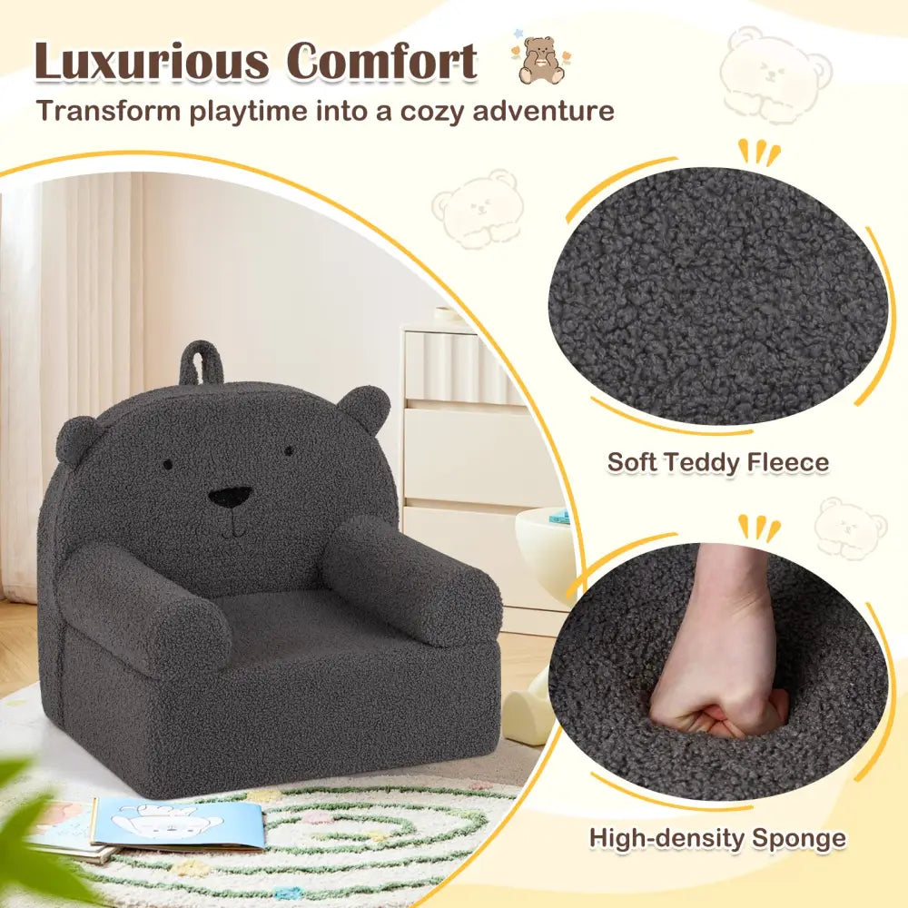 Kids Bear Sofa Toddler Foam Couch with Soft Fleece Fabric Cover-Gray - Gray - Kids Chairs & Seating