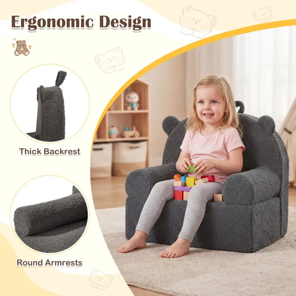 Kids Bear Sofa Toddler Foam Couch with Soft Fleece Fabric Cover-Gray - Gray - Kids Chairs & Seating