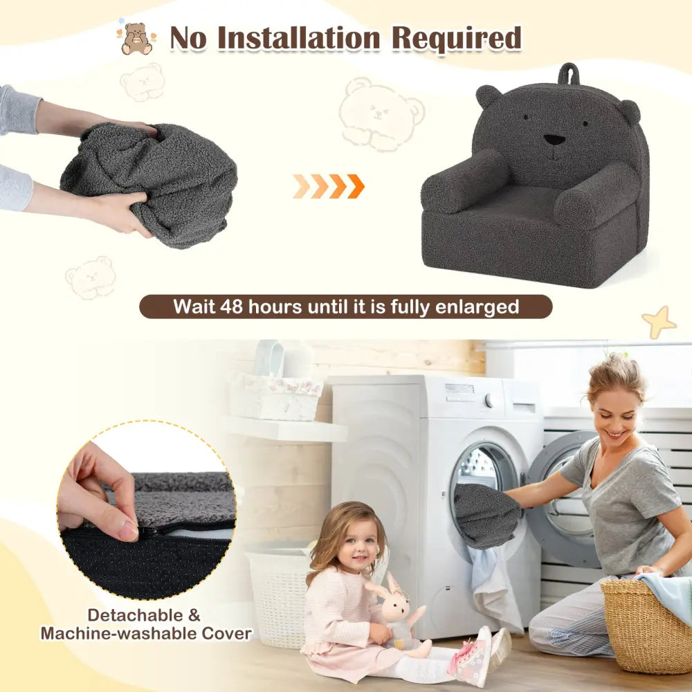 Kids Bear Sofa Toddler Foam Couch with Soft Fleece Fabric Cover-Gray - Gray - Kids Chairs & Seating