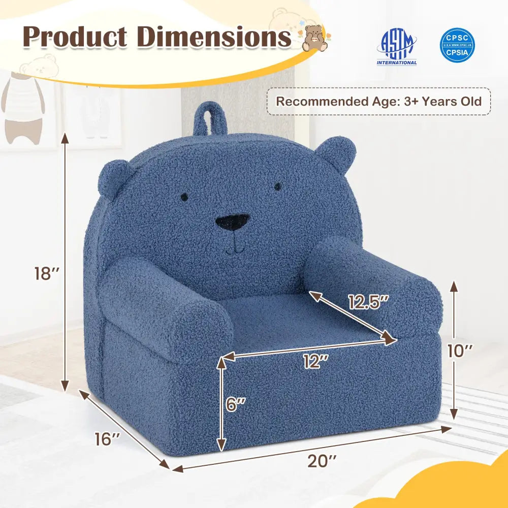 Kids Bear Sofa Toddler Foam Couch with Soft Fleece Fabric Cover-Navy - Navy - Kids Chairs & Seating