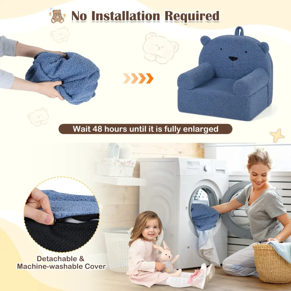 Kids Bear Sofa Toddler Foam Couch with Soft Fleece Fabric Cover-Navy - Navy - Kids Chairs & Seating