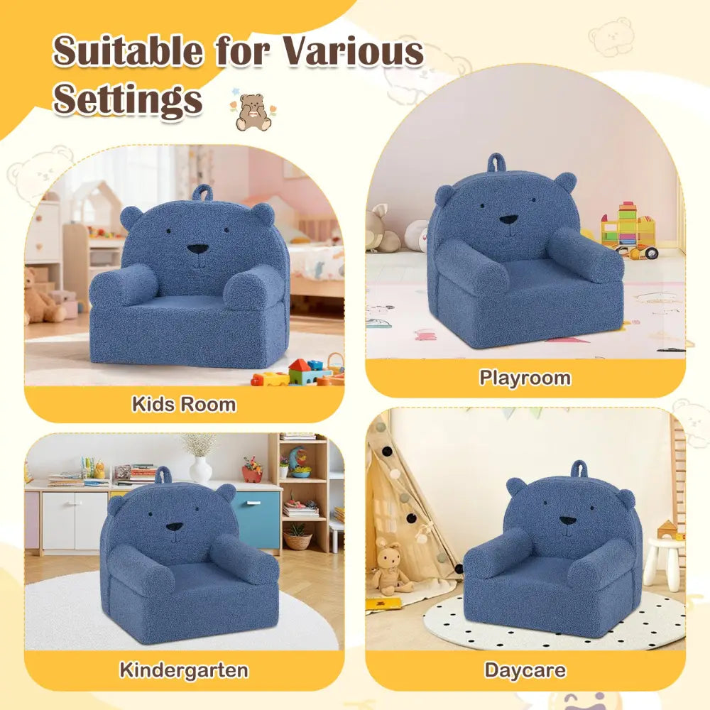 Kids Bear Sofa Toddler Foam Couch with Soft Fleece Fabric Cover-Navy - Navy - Kids Chairs & Seating