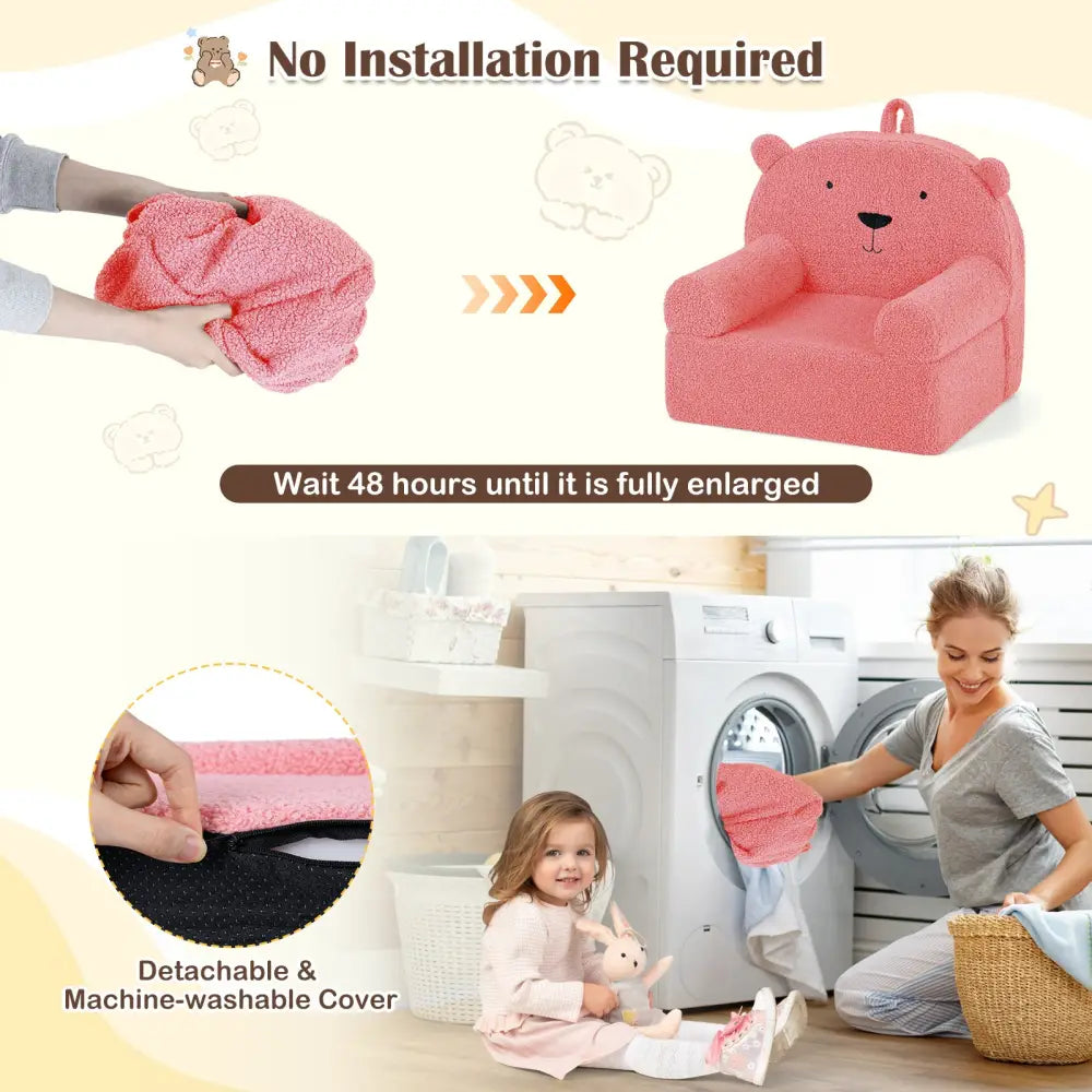 Kids Bear Sofa Toddler Foam Couch with Soft Fleece Fabric Cover-Pink - Pink - Kids Chairs & Seating