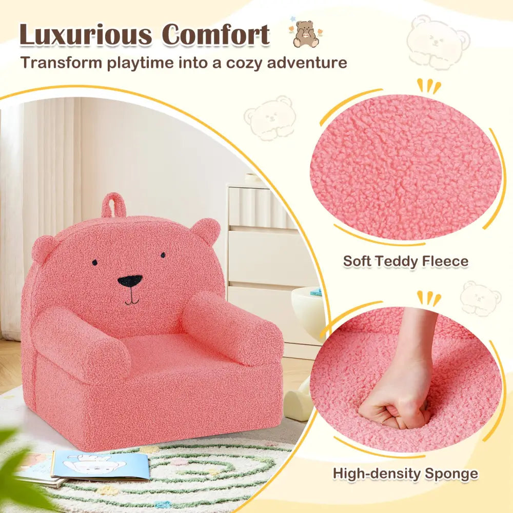 Kids Bear Sofa Toddler Foam Couch with Soft Fleece Fabric Cover-Pink - Pink - Kids Chairs & Seating
