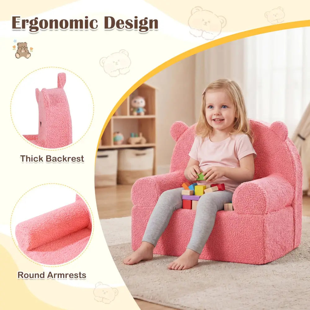 Kids Bear Sofa Toddler Foam Couch with Soft Fleece Fabric Cover-Pink - Pink - Kids Chairs & Seating